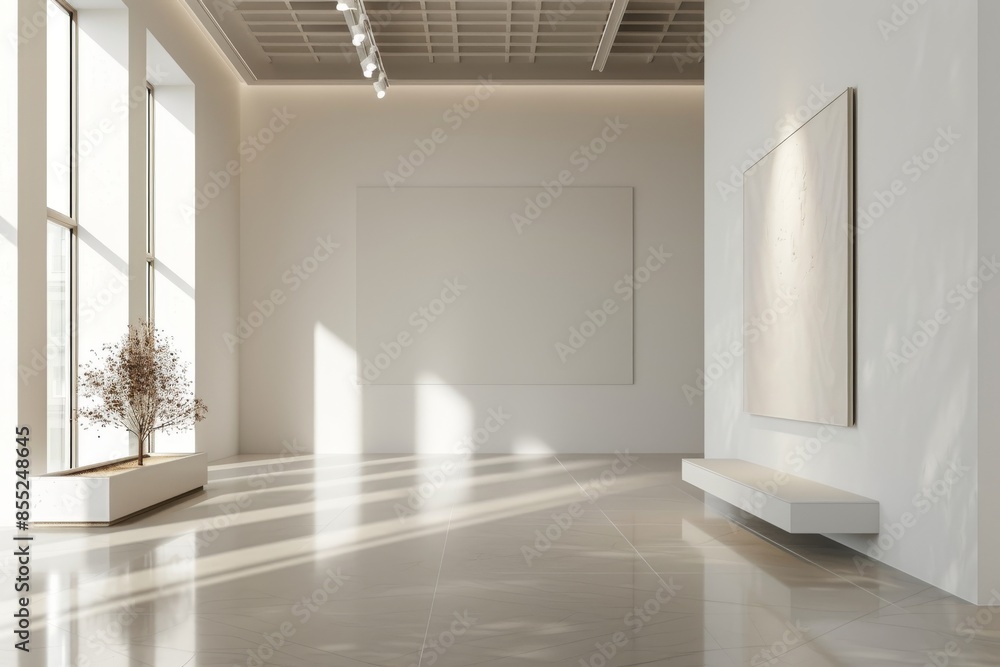 Poster sunlight illuminates empty gallery space with a single artwork and a lush tree