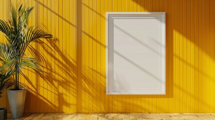 Elegant large empty frame on vibrant yellow wall for sophisticated mockup display