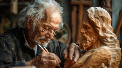 Elderly man carving a wooden Jesus sculpture.generative ai
