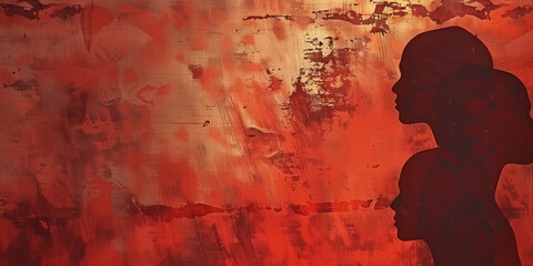 A digitally painted illustration featuring silhouettes of women against a red and gold abstract background International Day of the Disappeared