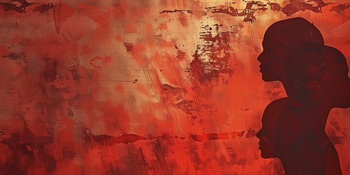 A digitally painted illustration featuring silhouettes of women against a red and gold abstract background International Day of the Disappeared
