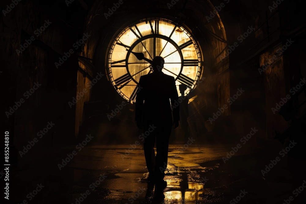 Poster a person standing near a big clock with intricate details, great for time-related concepts and sched