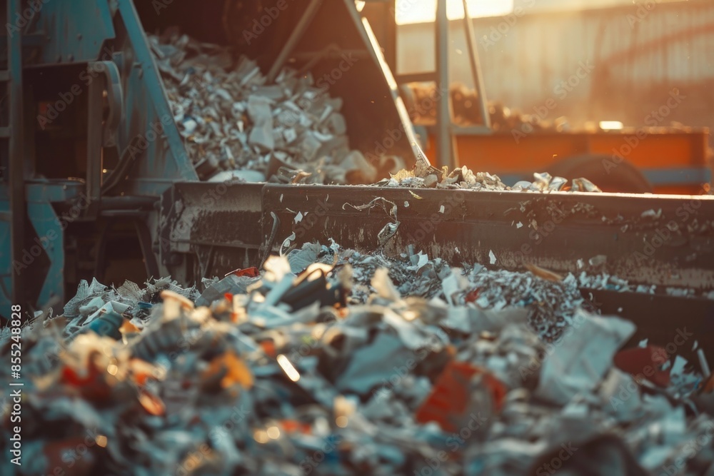 Poster A large pile of waste in a trash receptacle with a lid partially open, suitable for use as a background or illustration