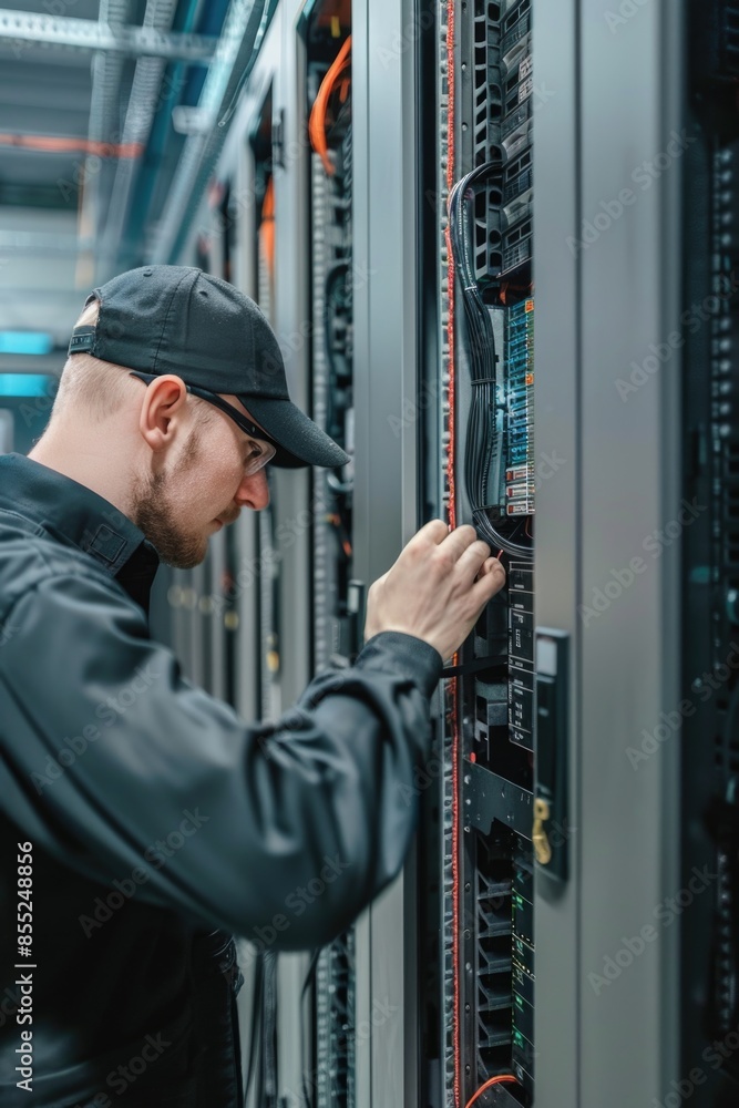 Aufkleber A person working on a server in a computer room