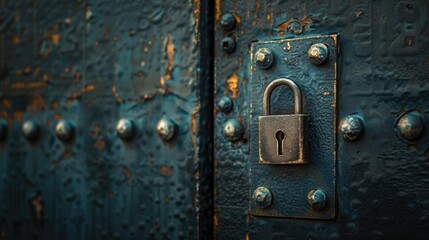 Fototapeta premium Padlock on a metal door with rivets, secure and locked