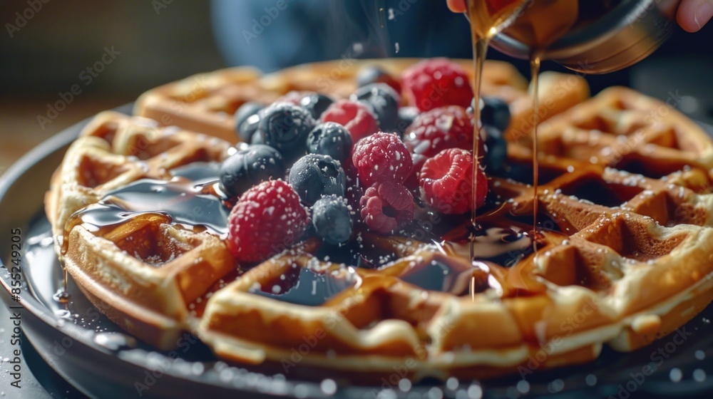 Canvas Prints a person pours syrup onto a waffle topped with fresh berries, perfect for breakfast or brunch - Canvas Prints