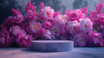 An empty podium for advertising the product, against a background of pink peonies.