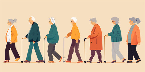 Fototapeta premium An illustration of senior citizens walking in a line, each with a cane