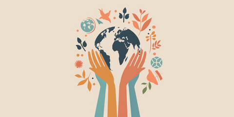 A colorful illustration celebrating World Humanitarian Day with hands protecting the Earth