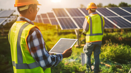 Engineers evaluating efficiency data on tablets while standing amidst an expansive field of ground-mounted solar arrays during midday sun.