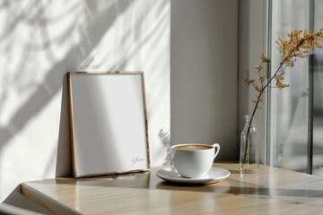 Golden Framed Picture, Sunny Day Coffee Break in a Cozy Cafe