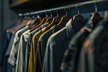 Fototapeta premium A row of clothes hanging on a rack, ready for wear or storage