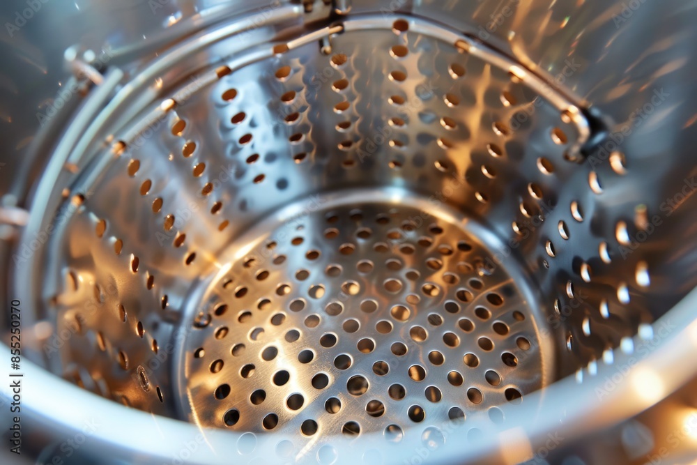 Poster a detailed view of a metal strainer's mesh and handle