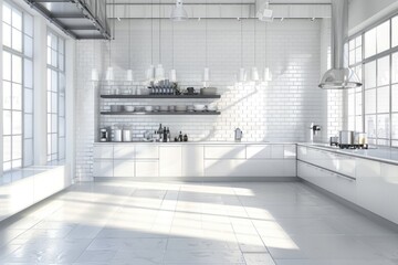 A well-equipped kitchen featuring white countertops and ample work surface