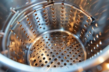 A detailed view of a metal strainer's mesh and handle