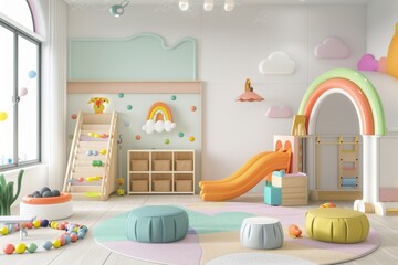 A Childs Dream Playground: Whimsical Rainbow Arch and Playful Decor in a Modern Playroom