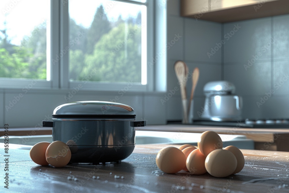 Wall mural A kitchen counter with fresh eggs and a cooking pot, ideal for food photography or illustrations