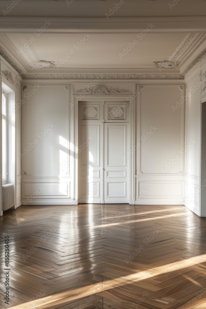 Poster A simple room with wooden flooring and white walls