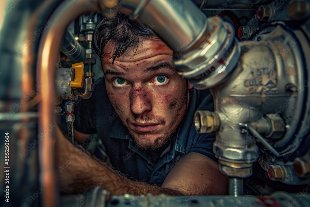 Poster a man examining a pipe with great attention