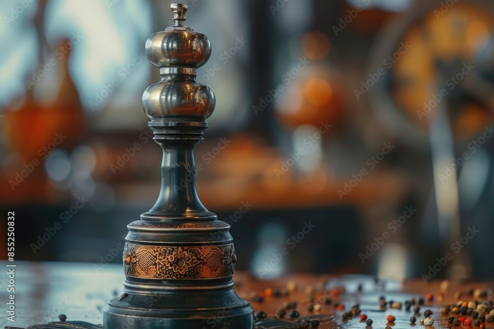 Poster a detailed view of a chess piece on a table
