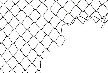 The texture of the metal mesh on a white background. Torn steel, metal mesh with holes