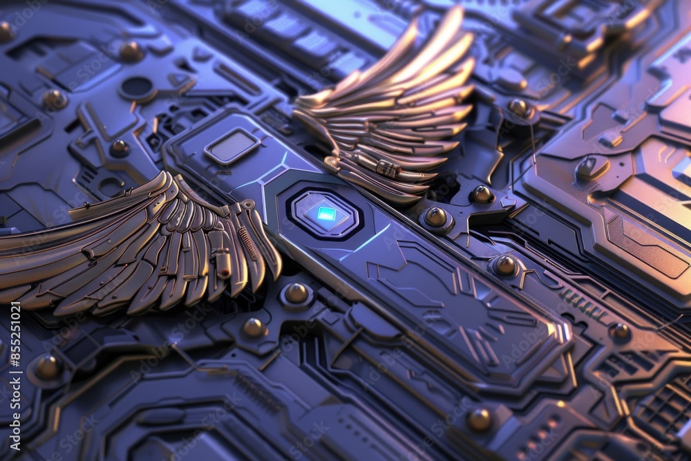 Poster a close-up view of a computer motherboard with gold-colored wing-like components