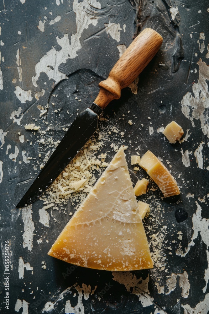 Poster a slice of cheese sits on a table next to a knife, perfect for snacking or serving