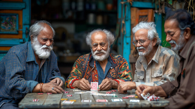 a group of senior men playing a rummy card game.generative ai