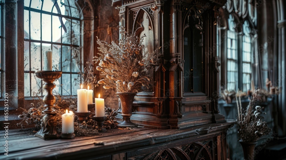 Poster a table with a bunch of candles, perfect for creating a warm and cozy atmosphere for a romantic dinn