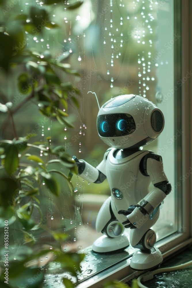 Poster a robot standing on a window sill, looking out at the scene outside