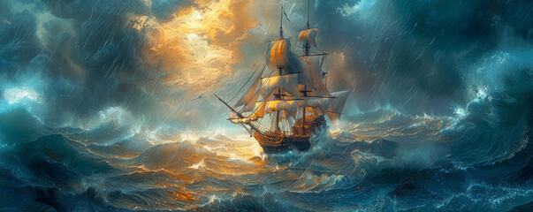 A pirate ship on a stormy sea.