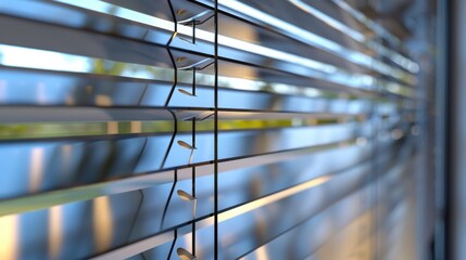 A close-up shot of window blinds, featuring textured fabric and wooden slats
