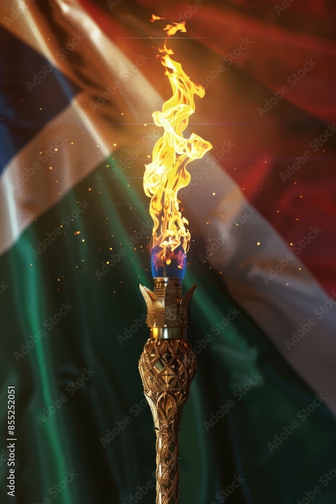 Aufkleber A torch is lit in front of a flag, suitable for use in patriotic or ceremonial scenes