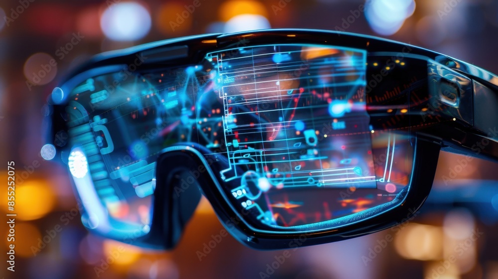 Poster a close-up of a futuristic pair of augmented reality glasses with a display showcasing abstract digi