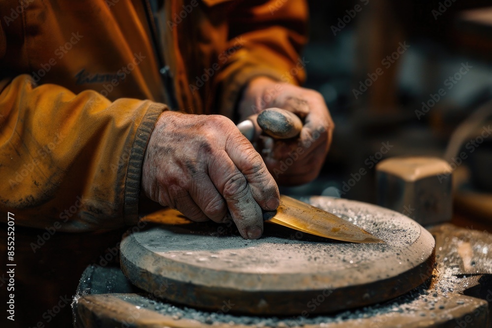 Aufkleber close-up shot of a person holding and using a knife