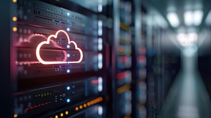 A glowing cloud icon superimposed on a server rack, representing cloud computing and data storage.
