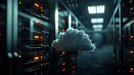 A cloud computing concept with a cloud floating in front of rows of server racks.