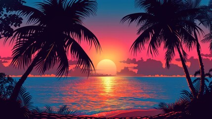 Bright sunset over a tropical sea with palm tree silhouettes and a peaceful beach horizon.