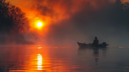 Fisherman on a boat at the setting sun