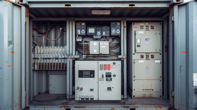 A container filled with various electrical devices and machinery