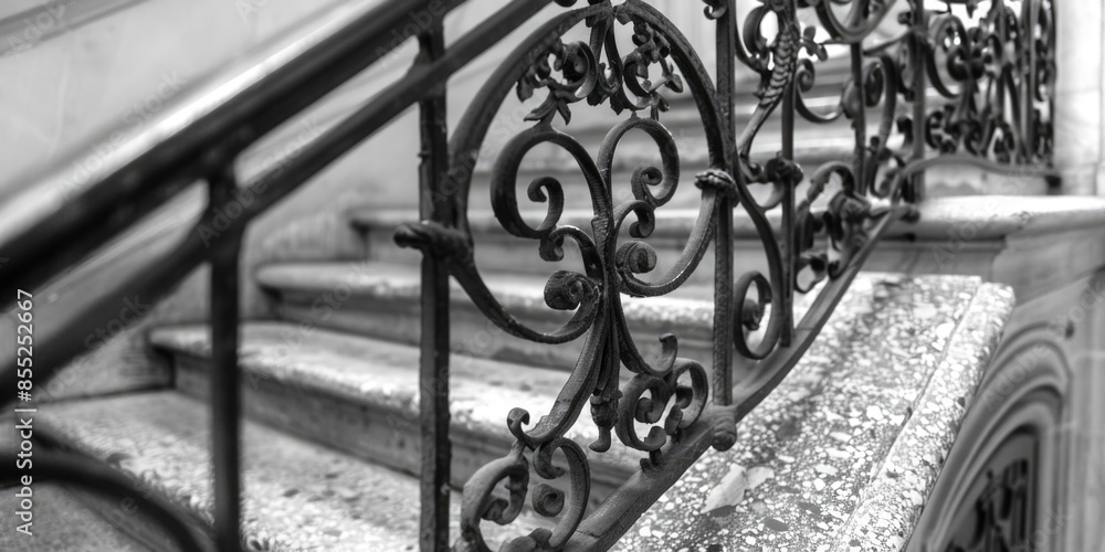 Poster a close-up shot of a staircase in monochrome tones