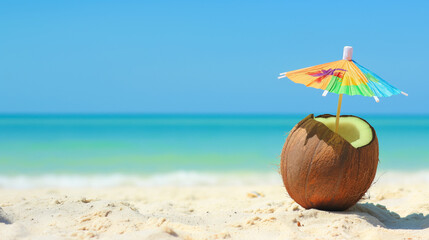 A refreshing coconut beverage with a vibrant umbrella decoration under the crystalline blue sky.