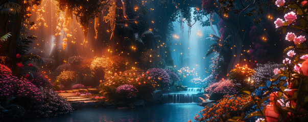 A magical garden hidden within a labyrinthine maze, where enchanted flowers bloom in kaleidoscopic colors.