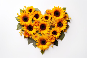 A heart made of sunflowers isolated on clear white background