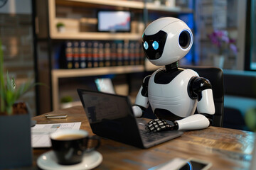 AI robot sitting at a desk, engrossed in reading financial report documents. The robot's posture mimics that of a human office worker, with a coffee cup within reach and a laptop d