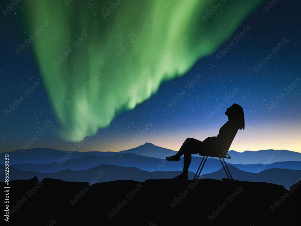 Poster woman sitting on camp chair. relax at mountains. green aurora borealis