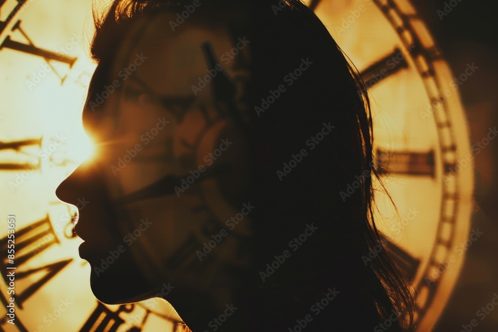 Poster a woman's profile at sunset with a clock tower in the background, suitable for use in time-related o