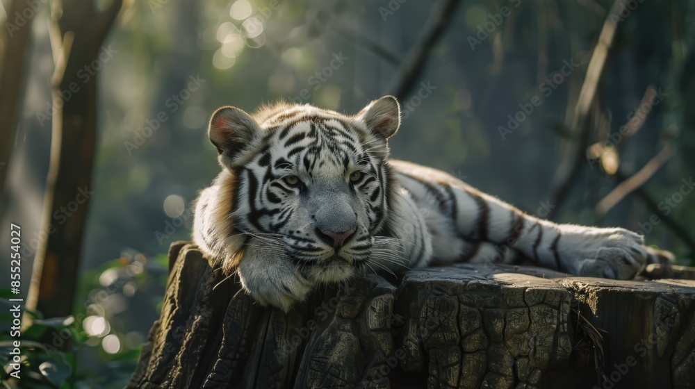 Poster a majestic white tiger is resting on a wooden tree stump in a forest setting