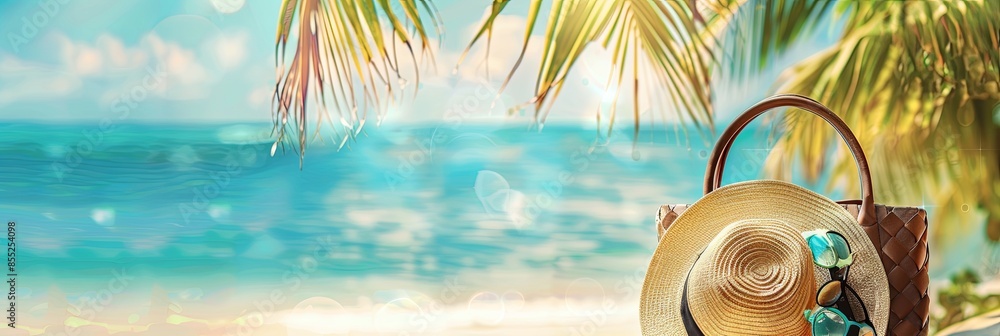Poster a brown beach bag with a straw hat and sunglasses resting on top. the ocean and palm trees are blurr