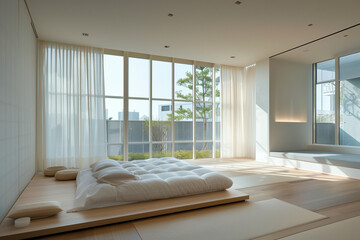 minimalist bedroom with a strong Japanese influence. The floor bed platform sits low to the ground, framed by large windows and minimalist decor. The zen-inspired design emphasizes